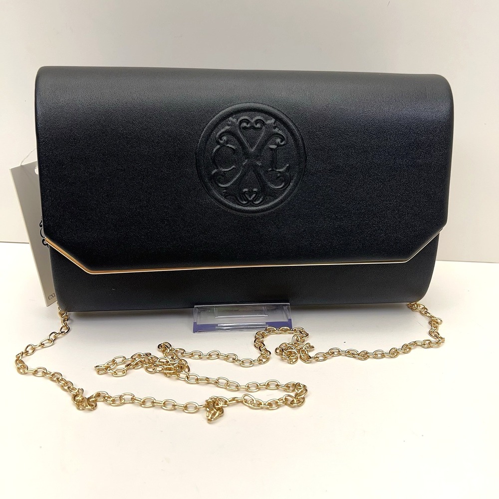 CXL by CHRISTIAN LACROIX Madison Smooth Black Clutch Gold Detachable Chain NWT